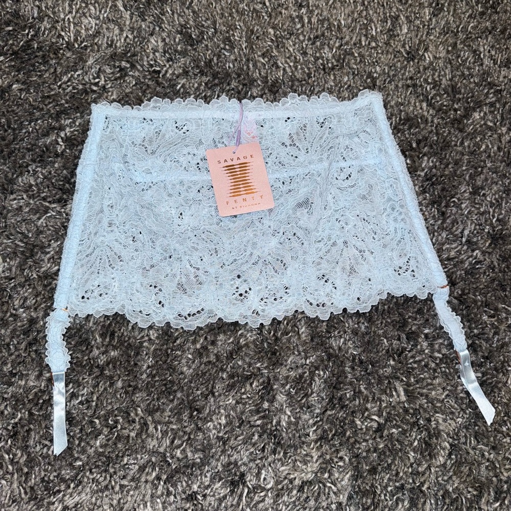 Savage X Fenty Romantic Corded Lace Garter Skirt in Cream Blue